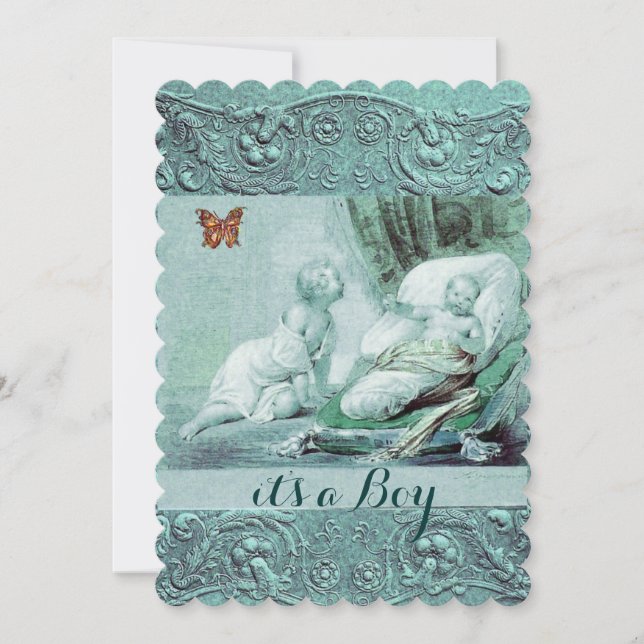 BLUE BOY BABY SHOWER,BUTTERFLY,FLORAL SWIRLS INVITATION (Front)