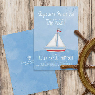 Blue Boy Baby Shower Cute Sailboat Invitation