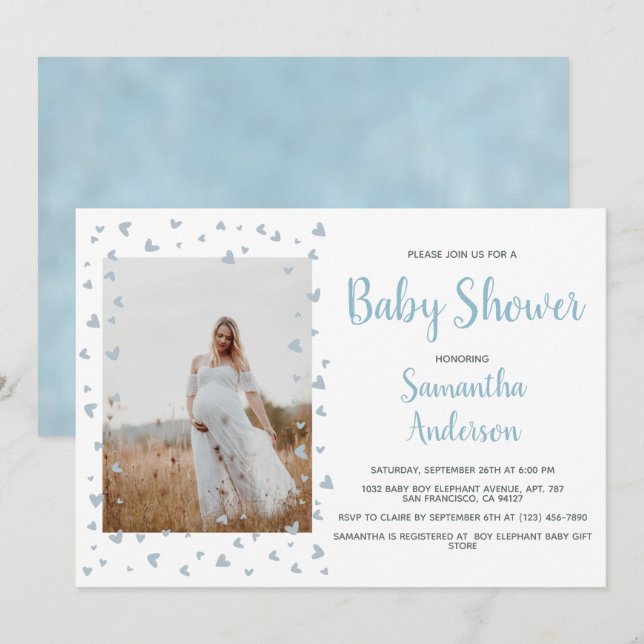  Blue Boy Baby Shower Elegant Dusty Heart Photo Invitation (Front/Back)