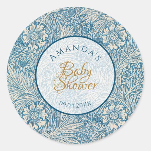 Blue Boy Baby Shower Floral Script Marigold Morris Classic Round Sticker
