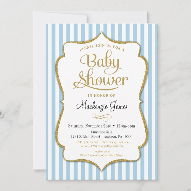 Blue Boy Baby Shower Invitation Elegant Stripes (Front)