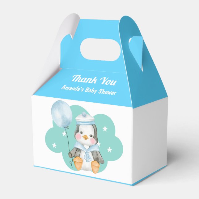 Blue Boy Baby Shower Penguin Animal Favor Box (Front Side)
