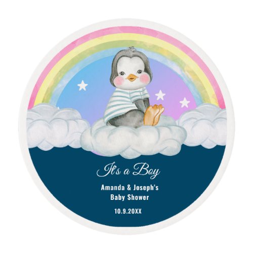 Blue Boy Baby Shower Penguin Edible Frosting Round