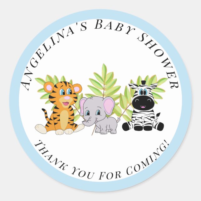 Blue Boy Baby Shower Safari Jungle Animals Classic Round Sticker (Front)