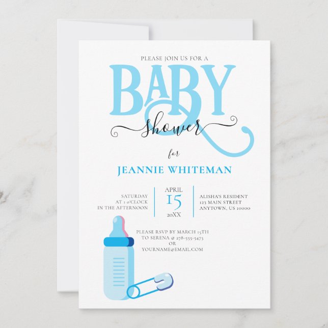 BLUE BOY BABY SHOWER WITH BABY BOTTLE INVITATION (Front)