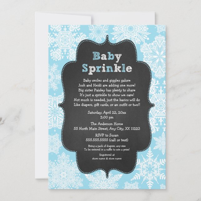 Blue Boy Baby Sprinkle snowflake winter invites (Front)