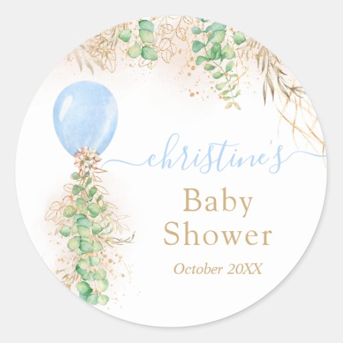 Blue Boy Balloon Watercolor Floral Baby Shower Classic Round Sticker