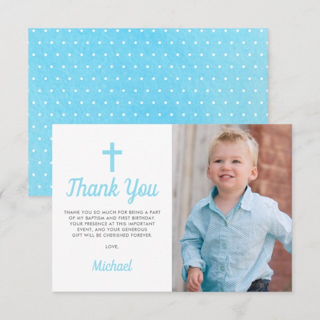Blue Boy Baptism First Birthday Photo Thank You (Front/Back)