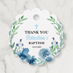 Blue Boy Baptism Round Scalloped Favor Tags