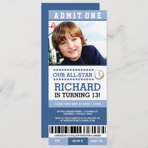 Blue Boy Baseball Ticket Birthday Invites