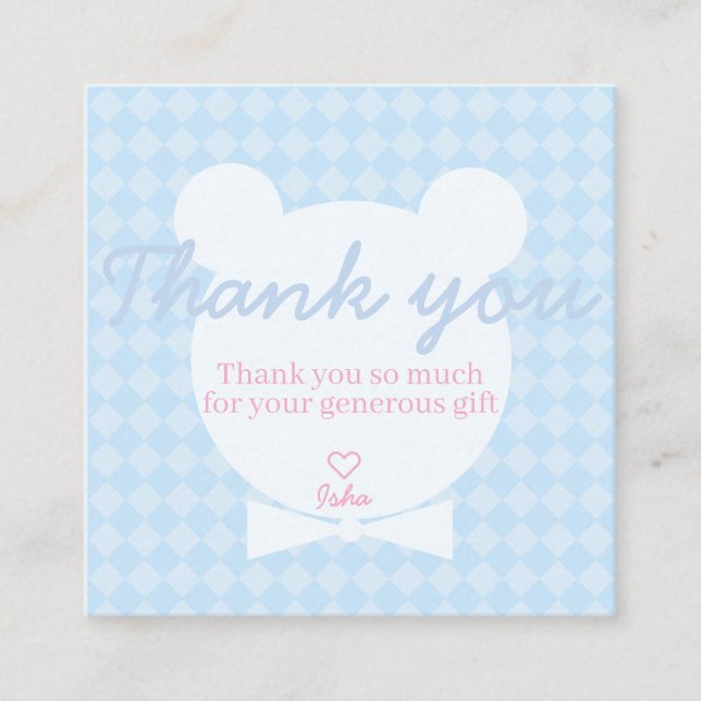 Blue Boy Bear Baby Shower Thank You Card Square (Front)