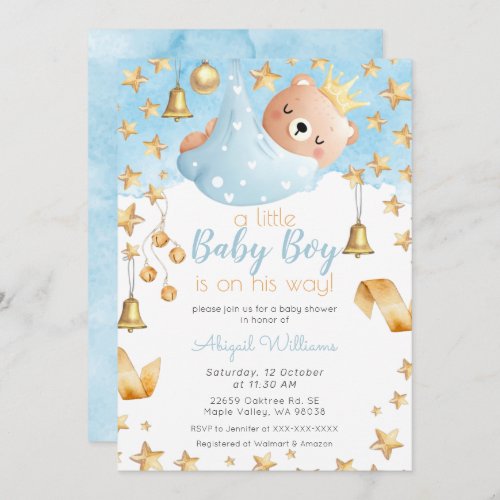 Blue Boy Bear on His Way Gold Stars Baby Shower Invitation