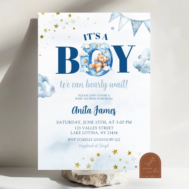 Blue Boy Bearly Wait Baby Shower Invitation (Creator Uploaded)