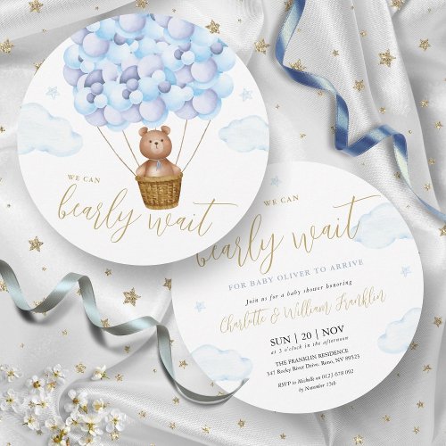 Blue Boy Bearly Wait Teddy Bear Baby Shower Invitation