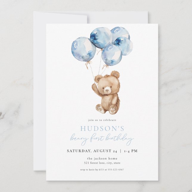 Blue Boy Beary First Birthday Invitation (Front)