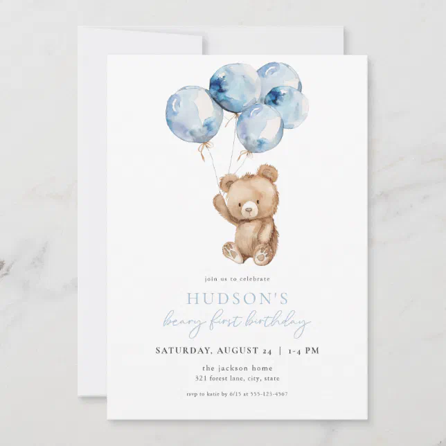 Blue Boy Beary First Birthday Invitation | Zazzle