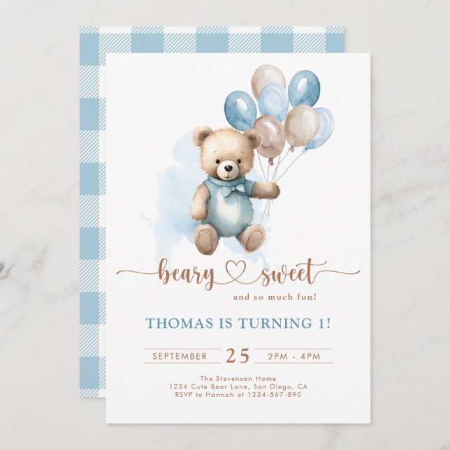 Blue Boy Beary Sweet 1st Birthday Plaid Teddy Bear Invitation (Front/Back)