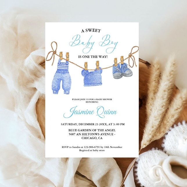 Blue Boy Bohemian Clothes Baby Shower Invitation (Creator Uploaded)