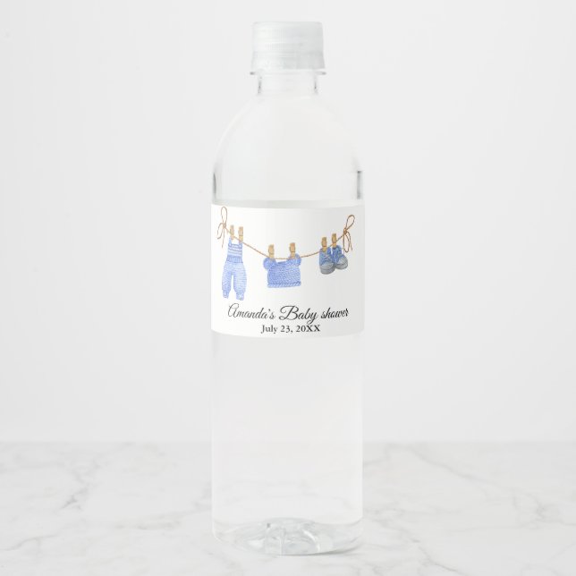 Blue Boy Bohemian Clothes Baby Shower Water Bottle Label (Front)