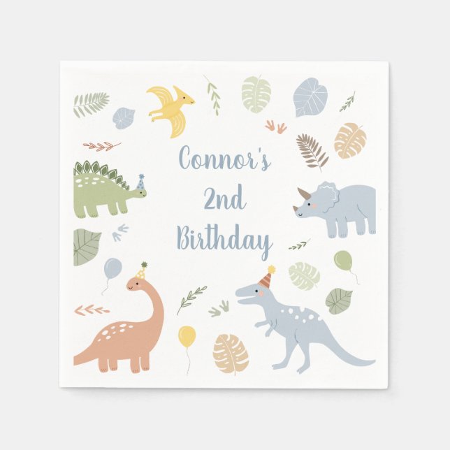 Blue Boy Boho Dinosaur Birthday Napkins (Front)