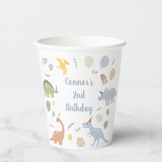 Blue Boy Boho Dinosaur Birthday Paper Cups (Front)