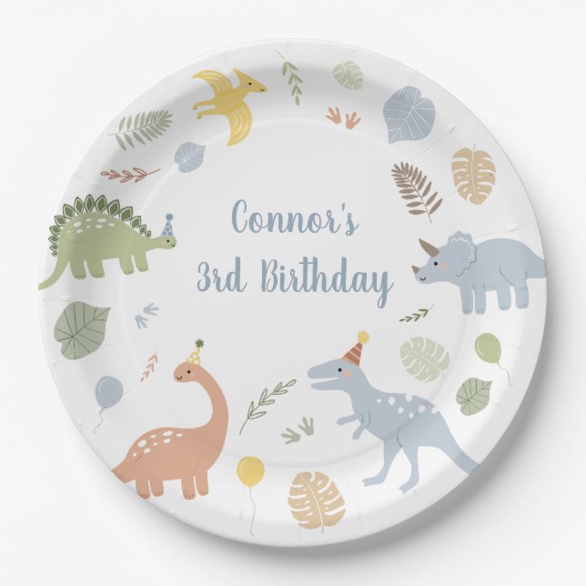 Blue Boy Boho Dinosaur Birthday Paper Plates (Front)