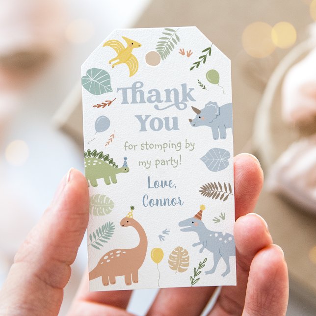 Blue Boy Boho Dinosaur Birthday Thank You Gift Tags (Stomp, chomp, and roar! Adorable boho dinosaur birthday party theme 🦖🎈
)