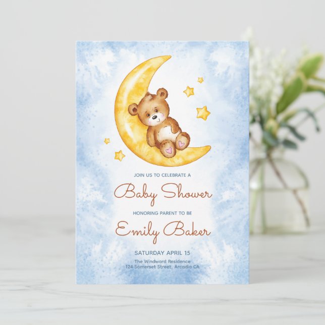 Blue Boy Boho Teddy Bear Baby Shower Invitation  (Standing Front)
