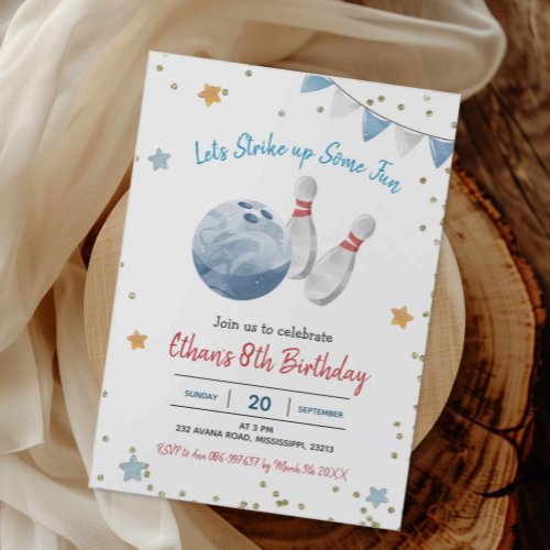 Blue Boy Bowling Birthday Invitation