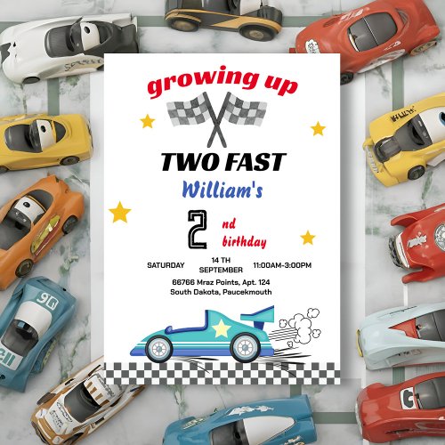 blue boy cars Race Car two fast 2nd birthday Invitation