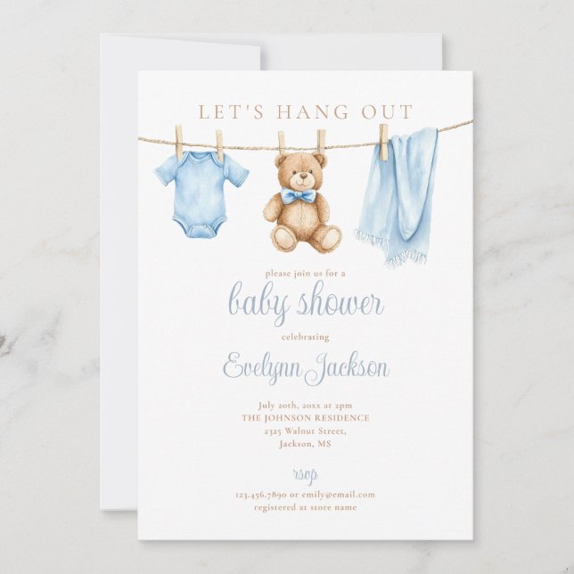 Blue Boy Clothesline Baby Shower All In One Invitation (Front)