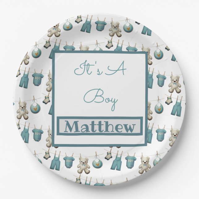 Blue Boy Clothesline Baby Shower  Paper Plates (Front)