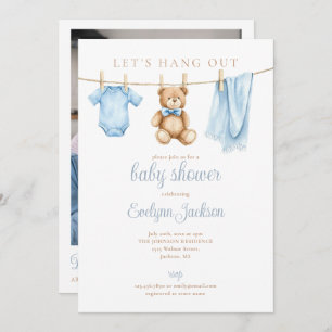 Blue Boy Clothesline Baby Shower Photo QR Code Invitation