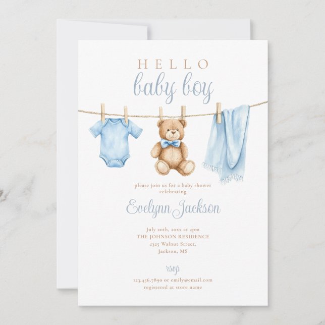Blue Boy Clothesline Baby Shower Photo QR Code Invitation (Front)