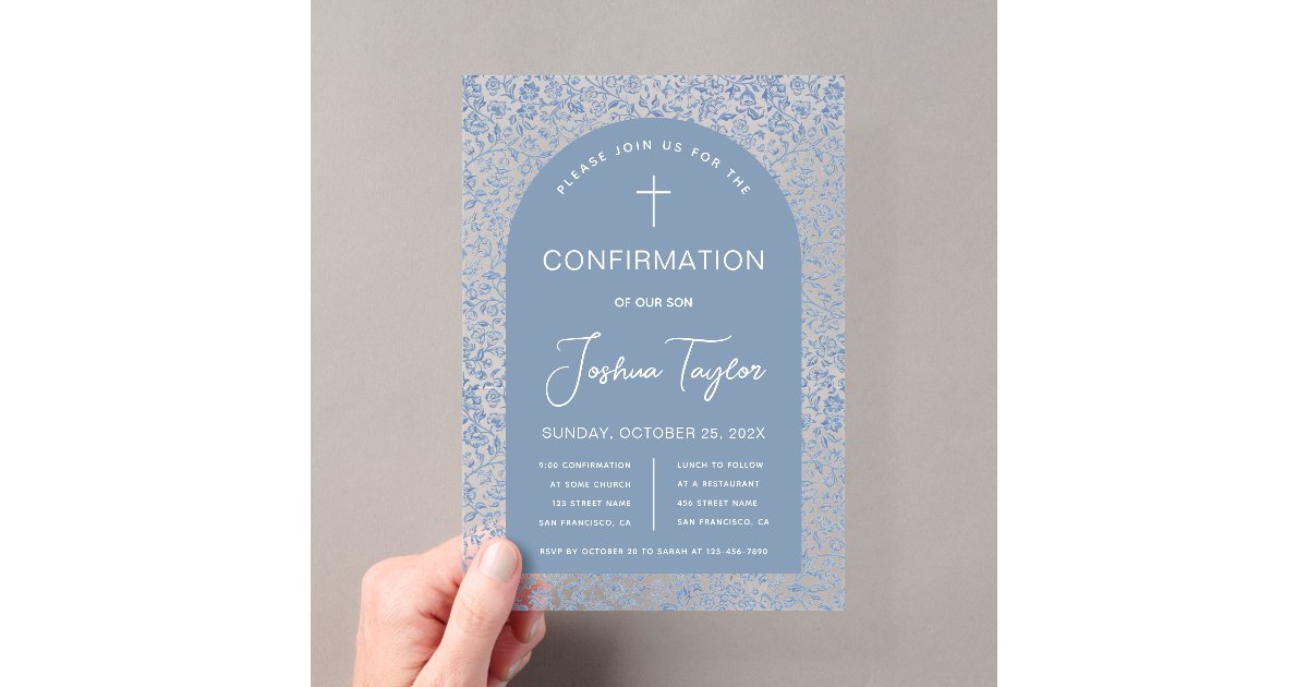 Blue Boy Confirmation Arch Floral Pattern Script Acrylic Invitations ...