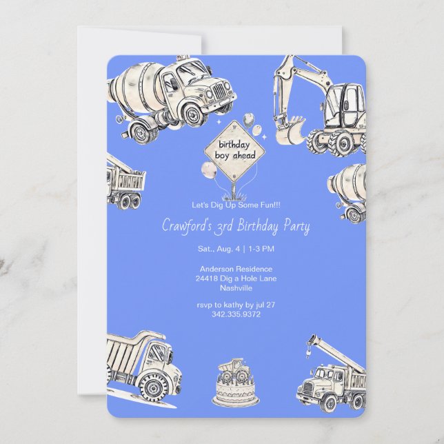 Blue Boy Construction Birthday Party Invitation (Front)