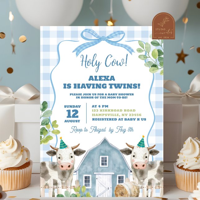 Blue Boy Cow Twins Baby Shower Invitation (Creator Uploaded)