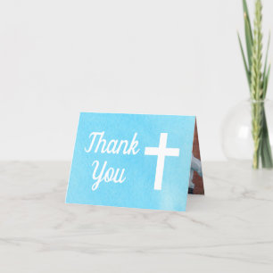 Blue Boy Cross Photo Baptism Letterpress Thank You Card