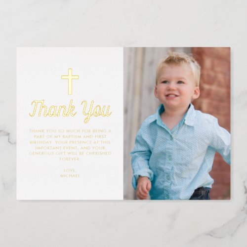 Blue Boy Cross Photo Baptism Thank You Card