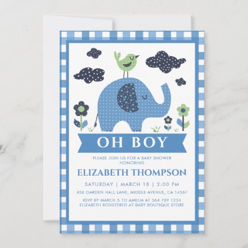 Blue Boy Cute Elephant baby Shower Invitation