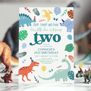 Blue Boy Dinosaur Leaves 2nd Birthday Invitation