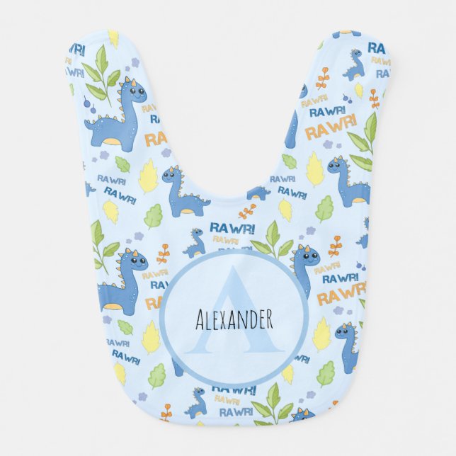 Blue boy dinosaurus RAWR monogram name baby bib (Front)