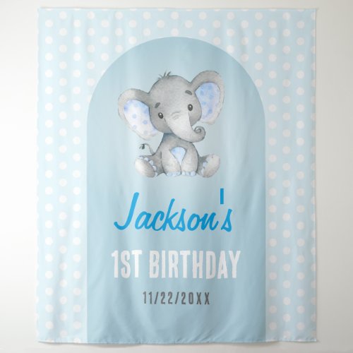 Blue Boy Elephant 1st First Birthday Party Photo Tapestry