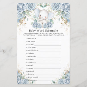 Blue Boy Elephant Baby Word Scramble Shower Game