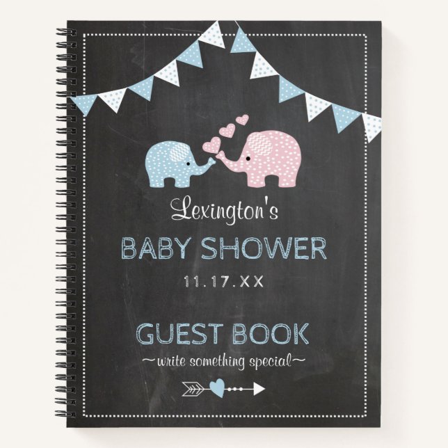 Blue Boy Elephant Chalk Look Shower Guest Book | (Front)