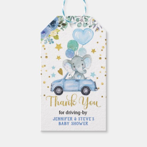 Blue Boy Elephant Drive By Baby Shower Parade Gift Tags