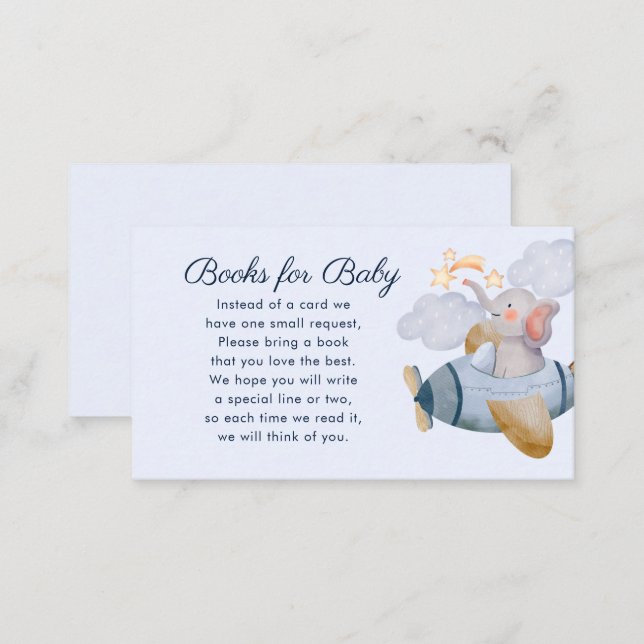 Blue Boy Elephant Plane Books for Baby Baby Shower Enclosure Card (Front/Back)