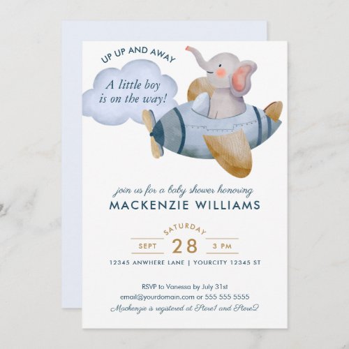 Blue Boy Elephant Plane Watercolor Baby Shower Invitation