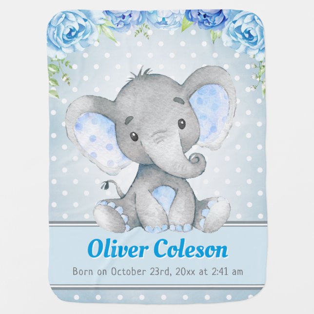 Blue Boy Elephant Polka Dot Little Peanut Nursery Baby Blanket (Front)