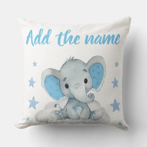 Blue Boy Elephant with Name Stars Throw Pillow